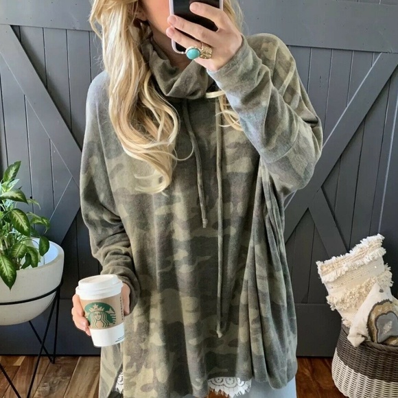 Figleaffashion Sweaters - LAST TWO! New Camo Cowl Neck Sweater Tunic Blouse